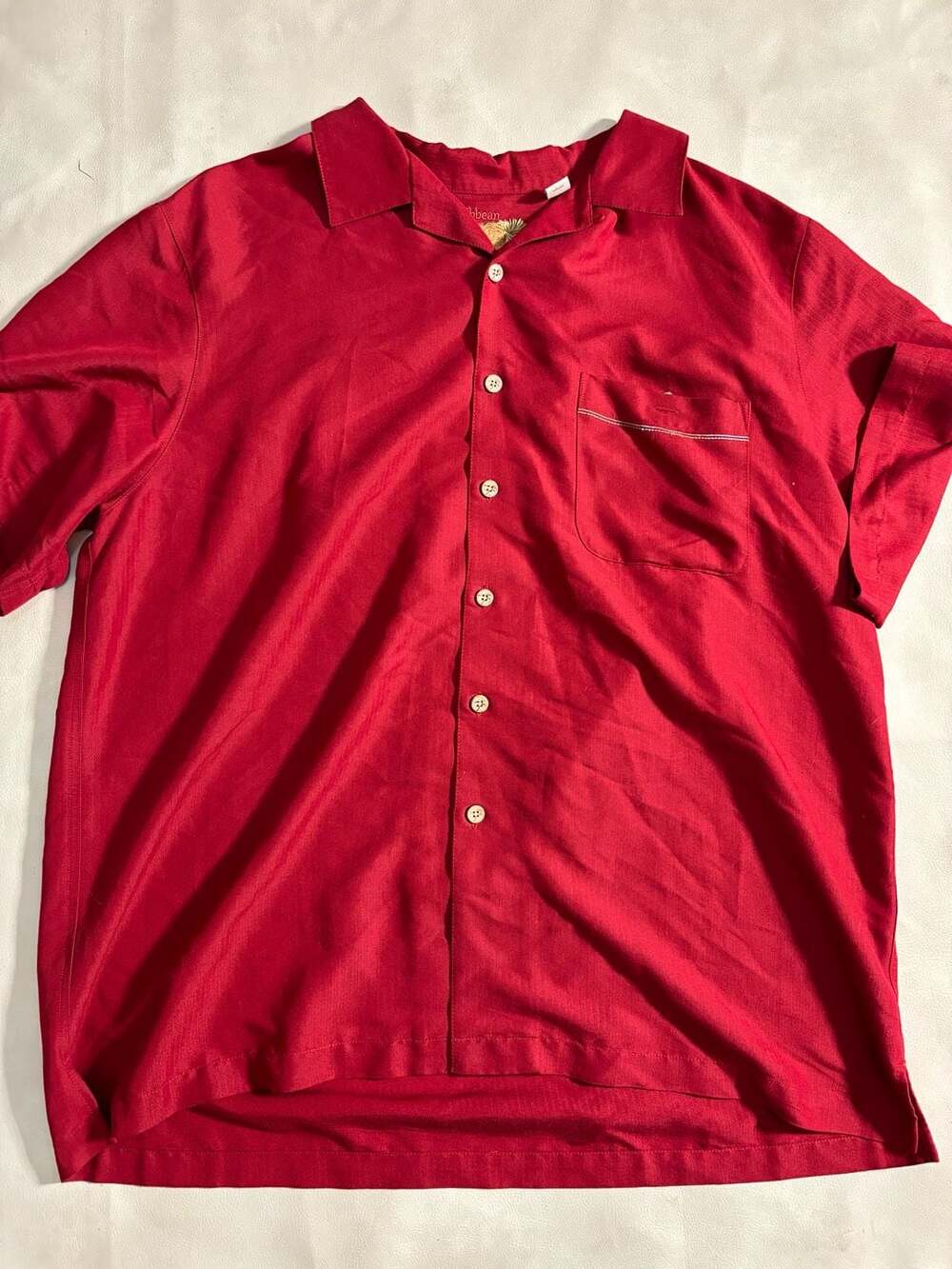Caribbean Camp Shirt Size XL Red Palm Tree Embroidered Short Sleeve